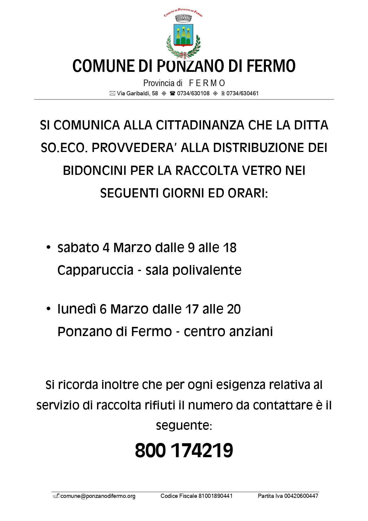 AVVISO DISTRIBUZIONE BIDONCINI RACCOLTA VETRO