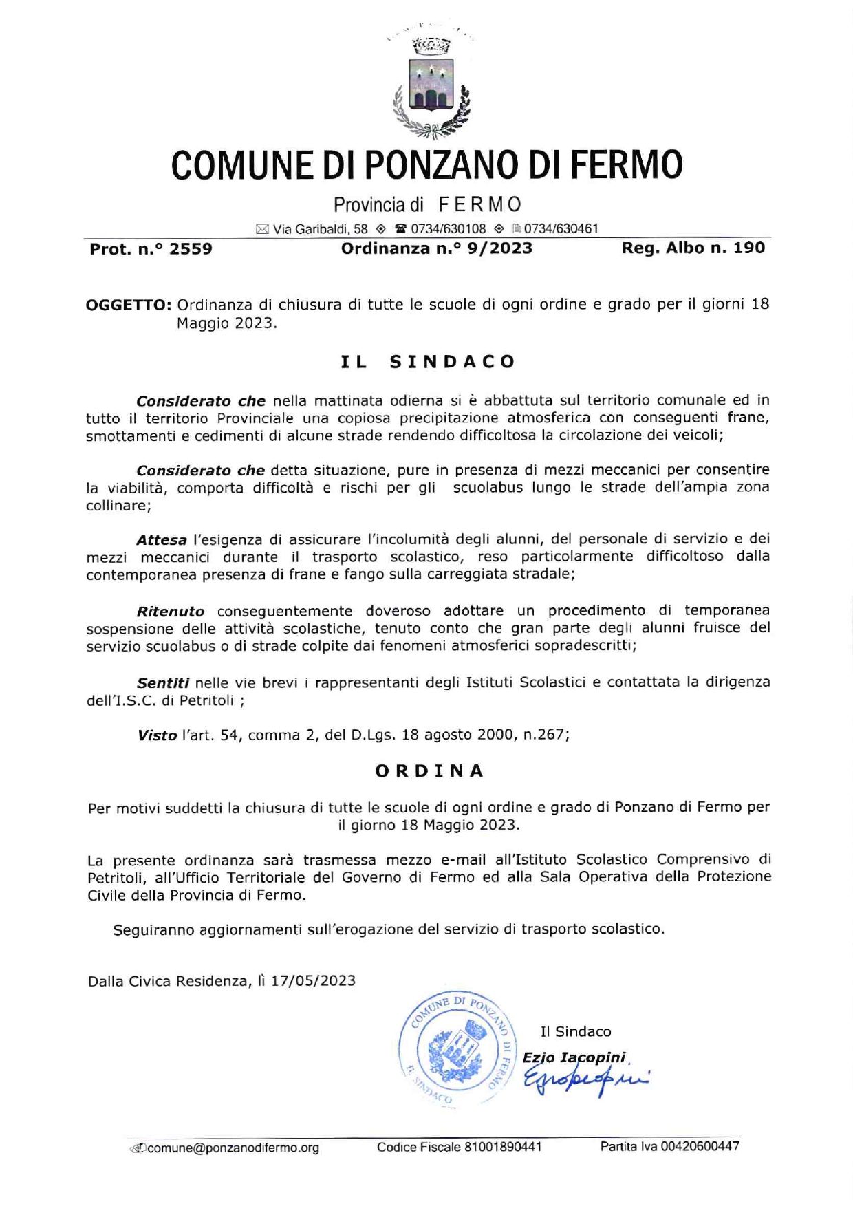 CHIUSURA SCUOLE DI OGNI ORDINE E GRADO E SOSPENSIONE SERVIZIO TRASPORTO SCOLASTICO - 18/05/2023