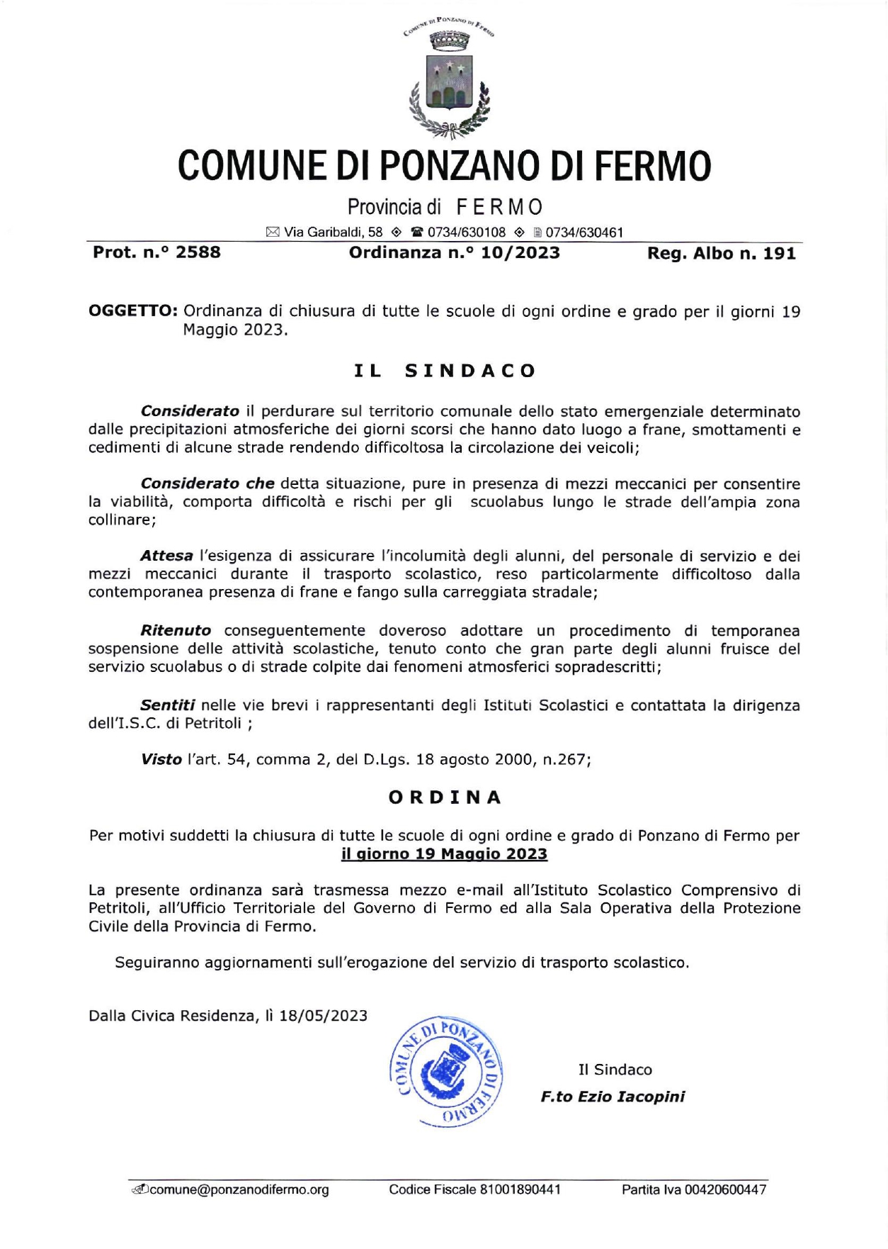 CHIUSURA SCUOLE DI OGNI ORDINE E GRADO E SOSPENSIONE SERVIZIO TRASPORTO SCOLASTICO - 19/05/2023