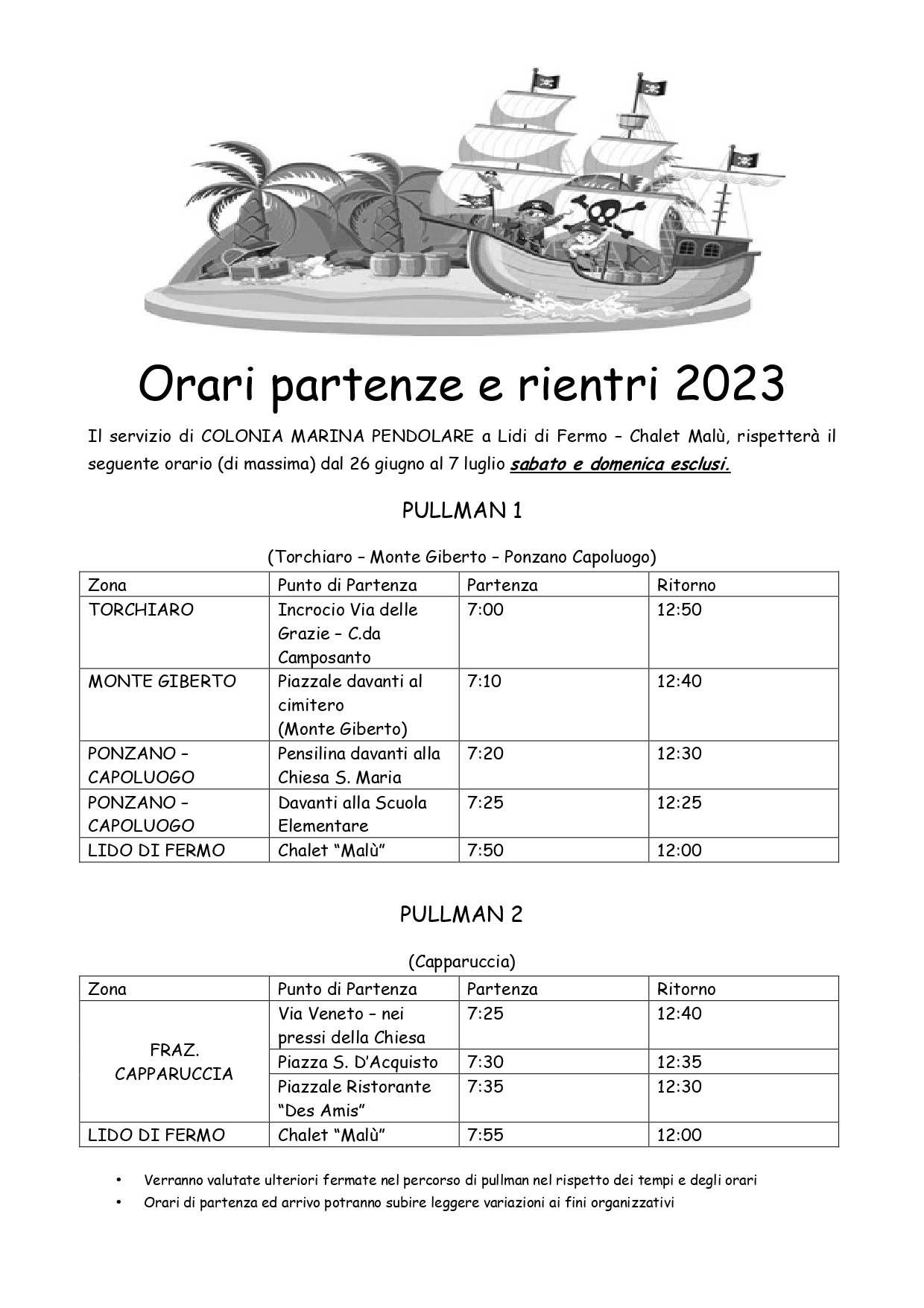 ORARI PARTENZA E RIENTRO COLONIE MARINE 2023