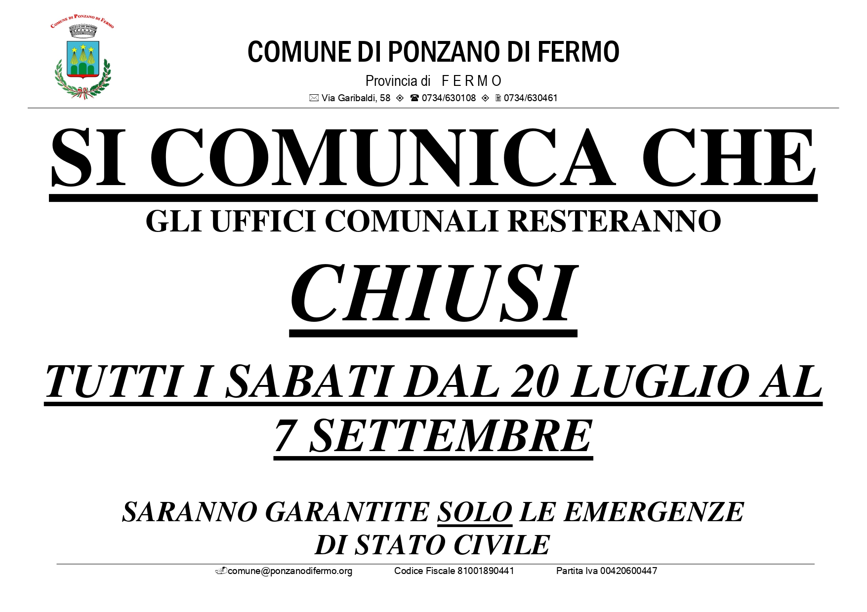 CHIUSURE ESTIVE UFFICI COMUNALI
