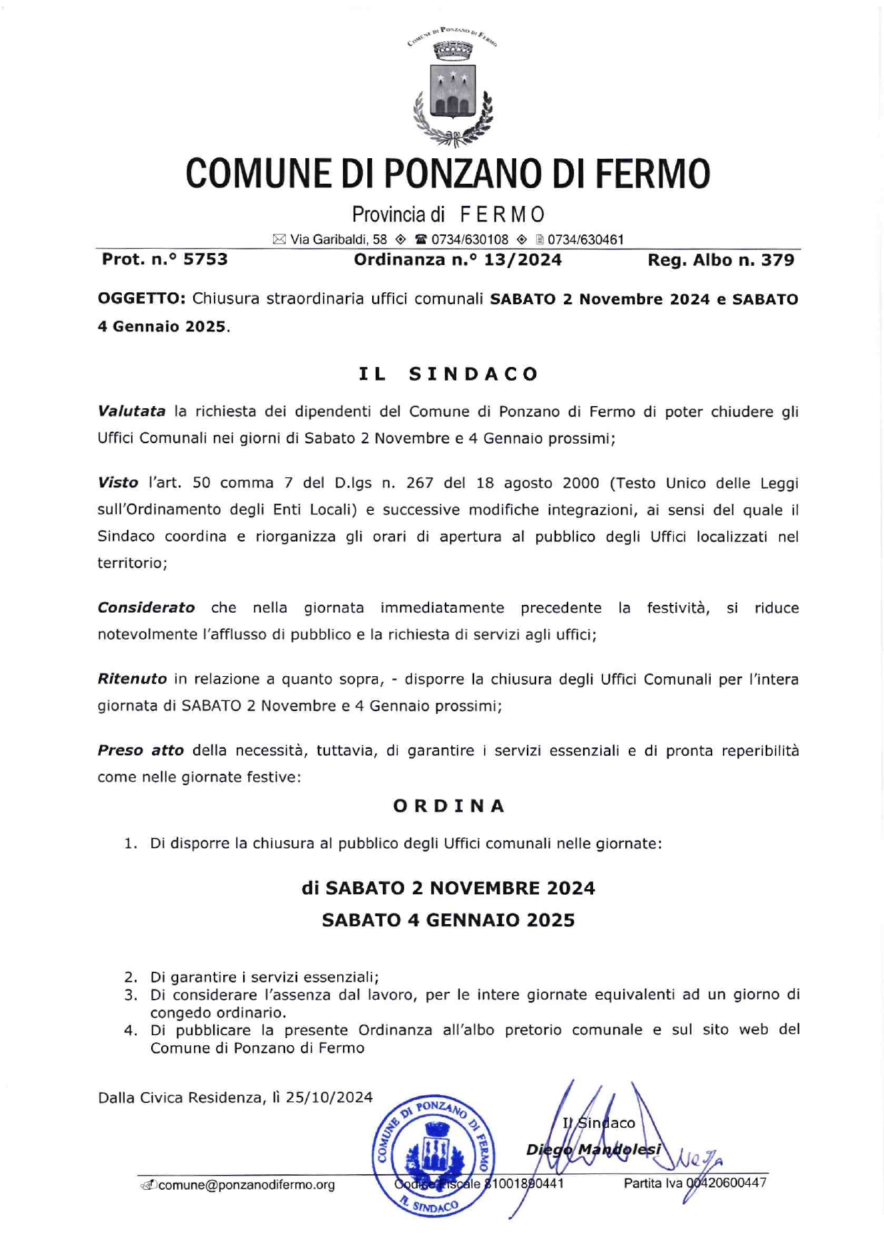 CHIUSURA UFFICI COMUNALI - SABATO 2 NOVEMBRE 2024