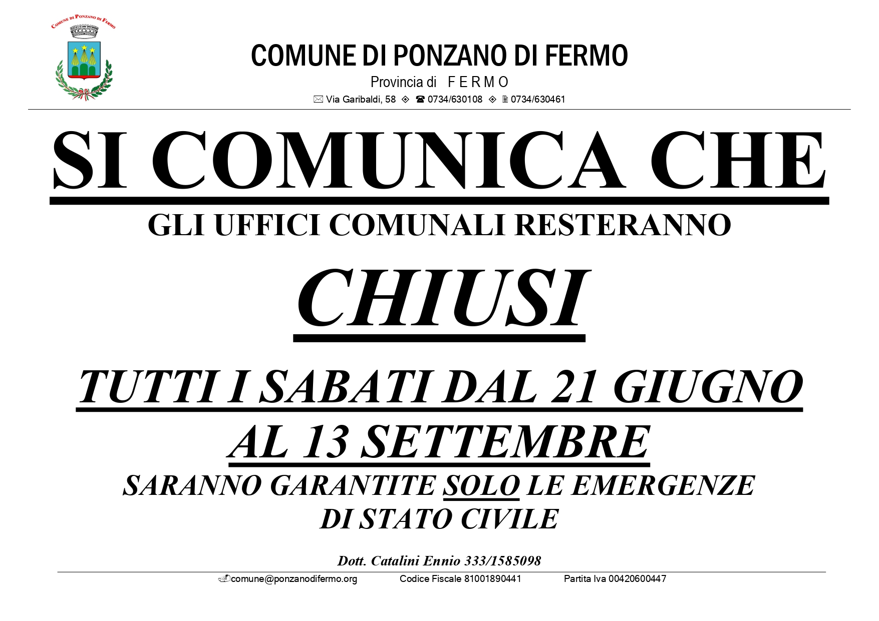 CHIUSURE ESTIVE UFFICI COMUNALI