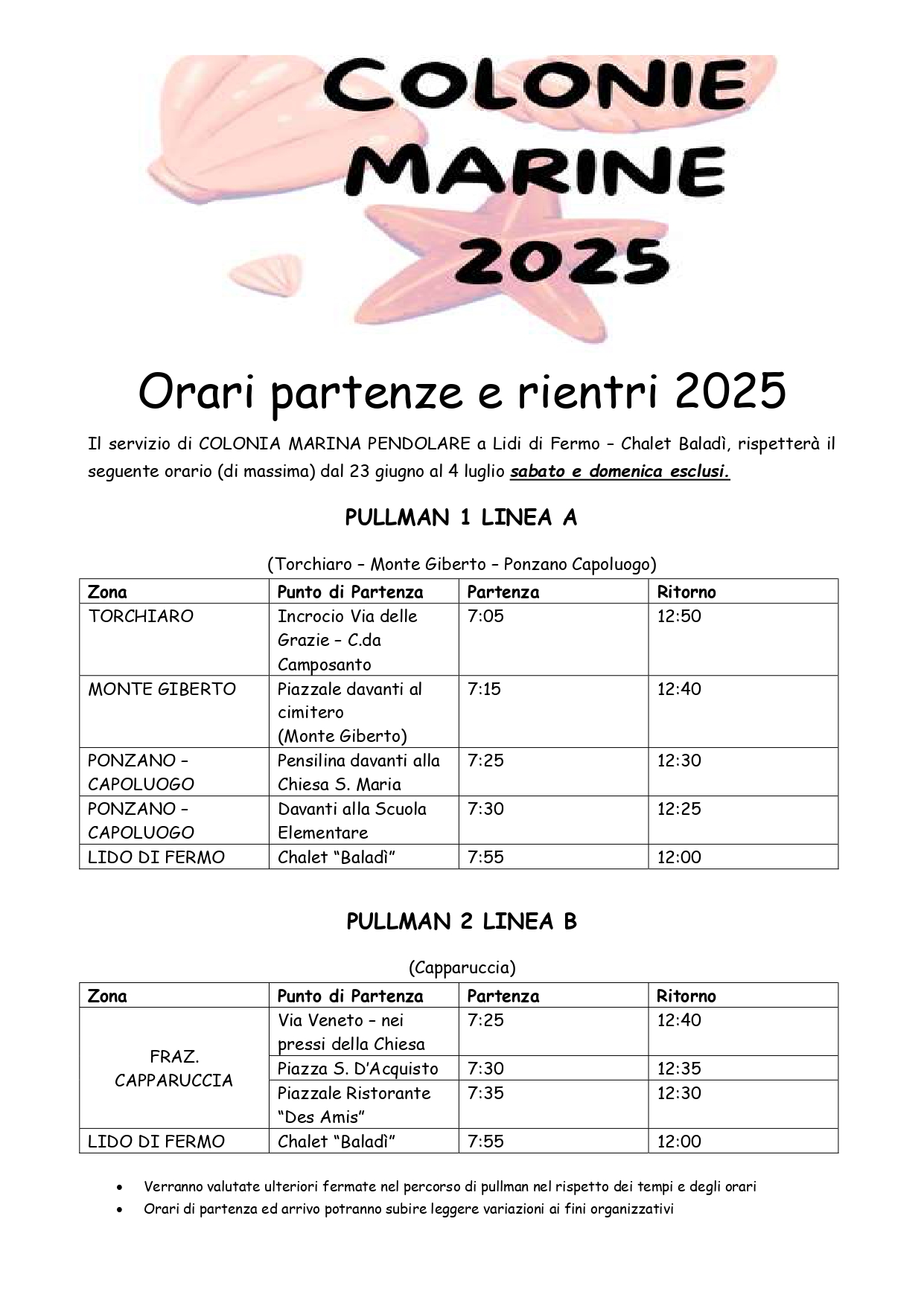 ORARI PARTENZA E RIENTRO COLONIE MARINE 2025