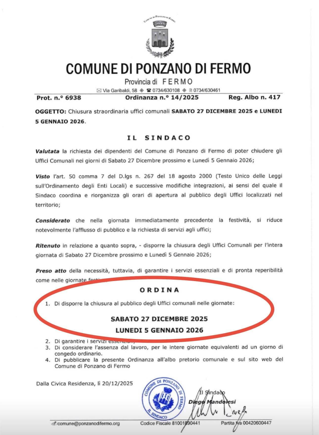AVVISO CHIUSURA UFFICI COMUNALI