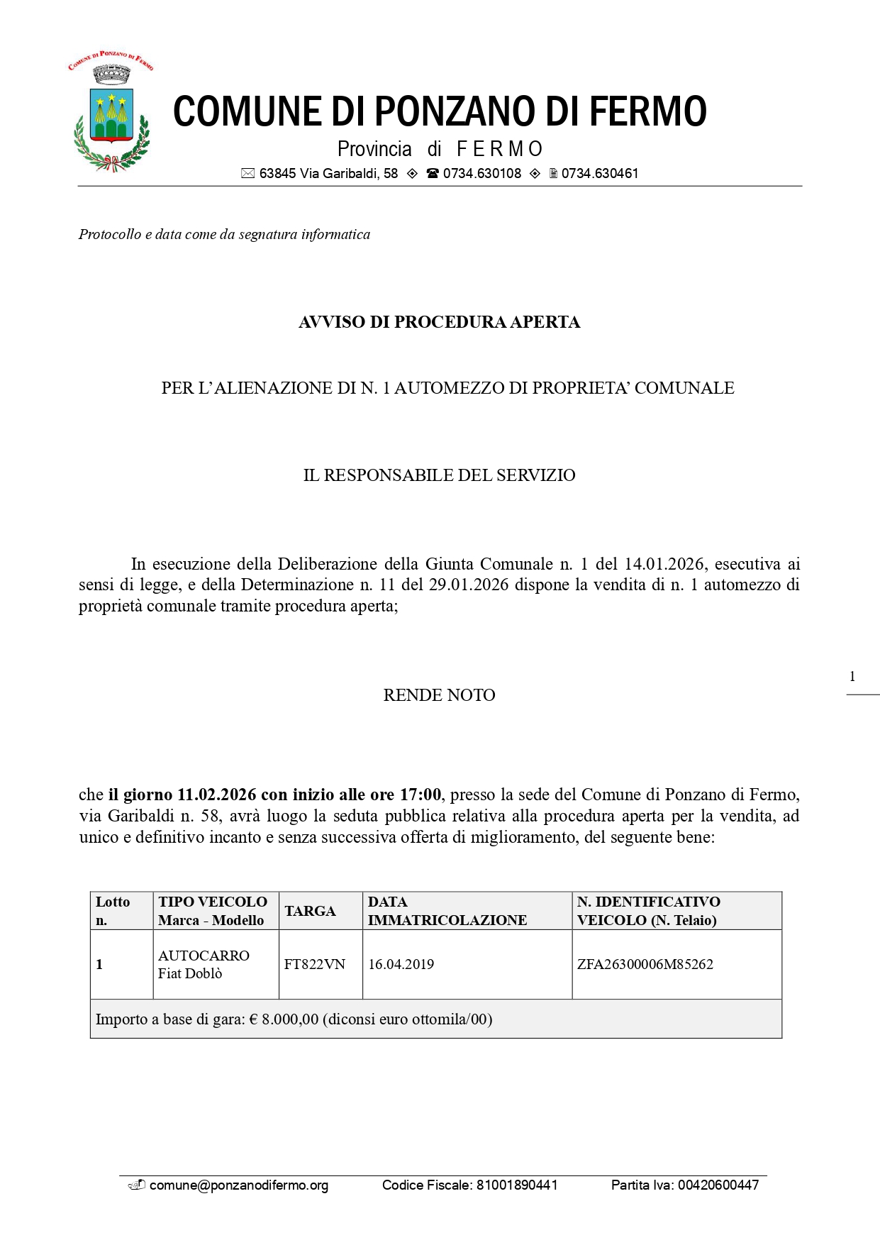 Indizione procedura aperta per la vendita di automezzo di proprietà comunale - Mezzo avente targa: FT822VN - marca tipo FIAT DOBLÒ