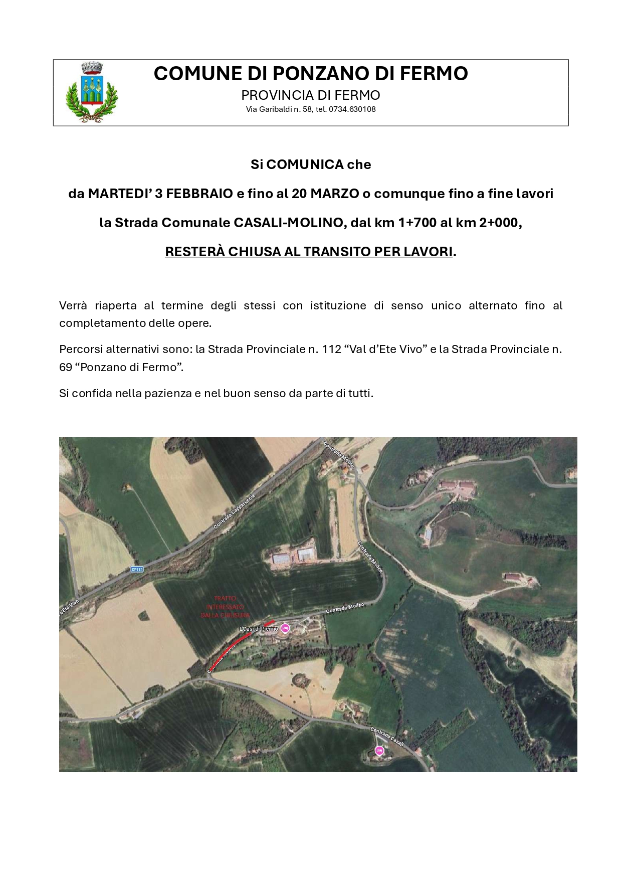 AVVISO CHIUSURA STRADA COMUNALE CASALI - MOLINO PER LAVORI
