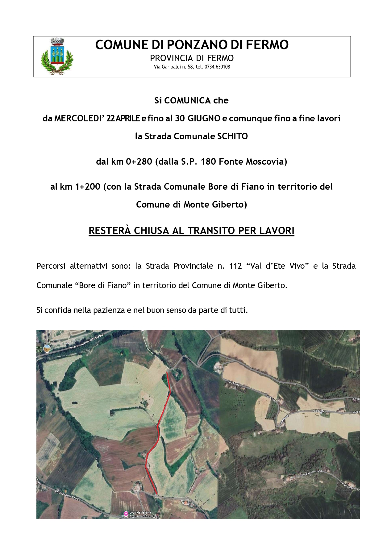 AVVISO CHIUSURA STRADA COMUNALE SCHITO PER LAVORI