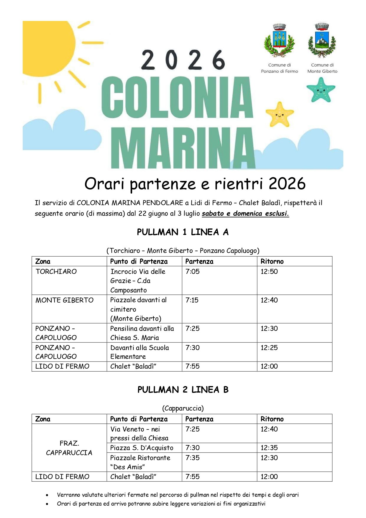 ORARI PARTENZA E RIENTRO COLONIE MARINE 2026
