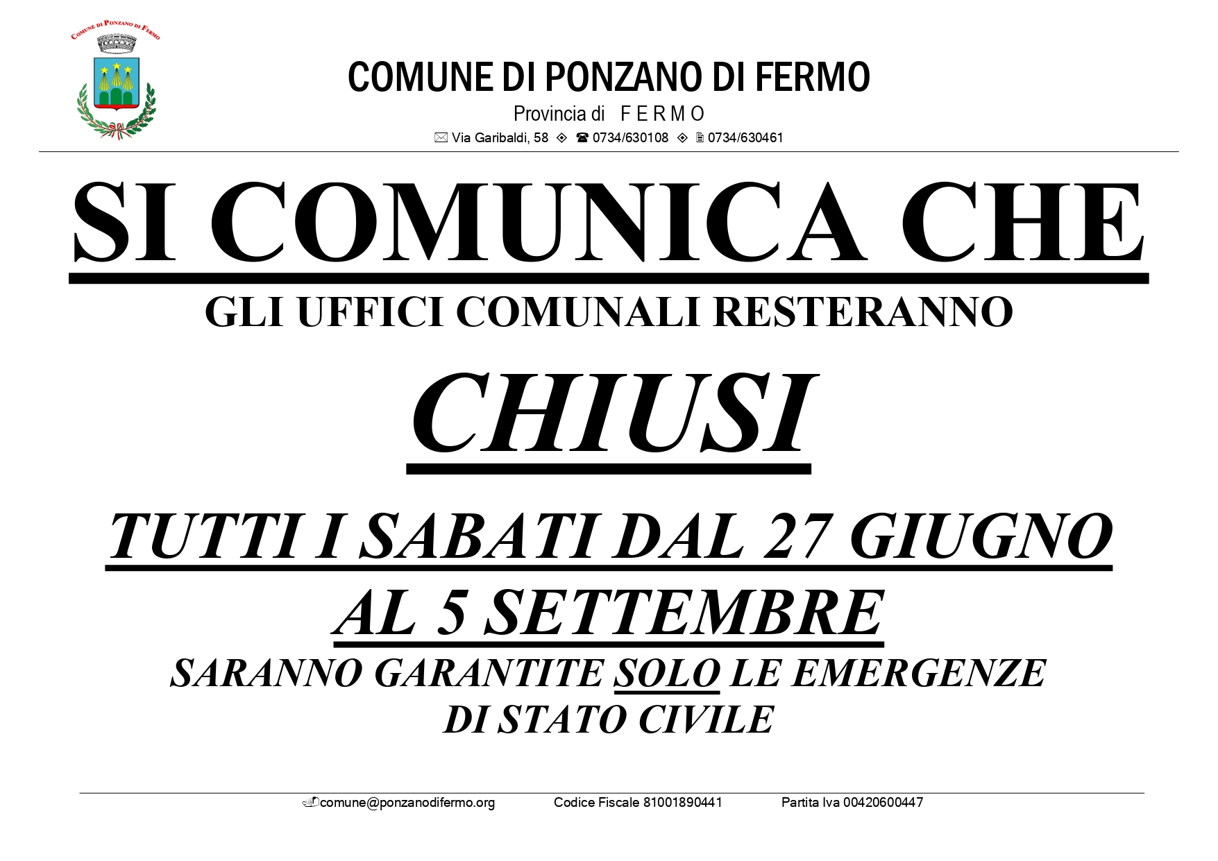 CHIUSURA ESTIVA UFFICI COMUNALI